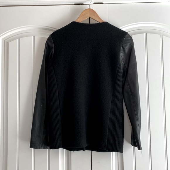 Vince Women's‎ Size XS Black Leather Sleeve Asymmetrical Boucle Wool Jacket - Picture 4 of 9